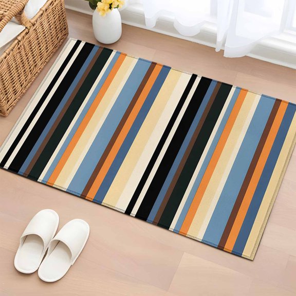 Vintage Stripes 2'x3' Rug for Entryway Front Door Kitchen Sink Area, Black Orange Blue Striped Retro Lines Low Pile Washable Non Slip Rectangle Area Rug