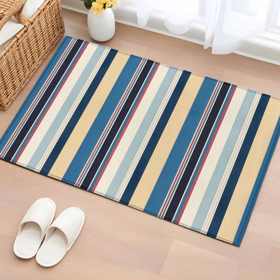 Vintage Stripes 2'x3' Rug for Entryway Front Door Kitchen Sink Area, Black Yellow Blue Striped Retro Lines Low Pile Washable Non Slip Rectangle Area Rug