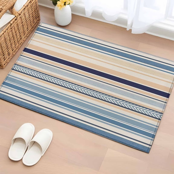 Vintage Stripes 2'x3' Rug for Entryway Front Door Kitchen Sink Area, Blue Beige Striped Retro Geometric Lines Low Pile Washable Non Slip Rectangle Area Rug