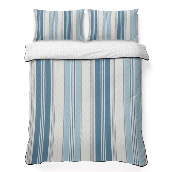 Vintage Stripes 3 Piece Quilt Bedding Set with 2 Pillow Shams, Navy Light Blue Striped Retro Line Lightweight Bedspread Coverlet, Soft Breathable All Season Quilt, 96 x 106 Inch