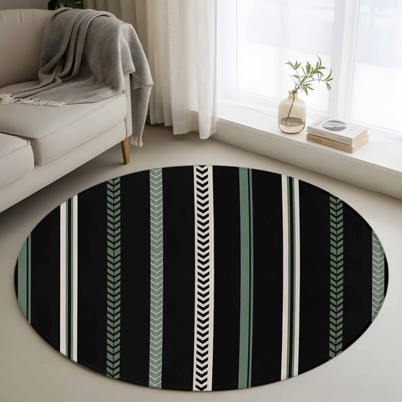 Vintage Stripes 3' Round Rug for Bathroom Accent Bedside Corner, Black Army Green Striped Retro Geometric Lines Washable Non Slip Circle Area Rug for Small Spaces
