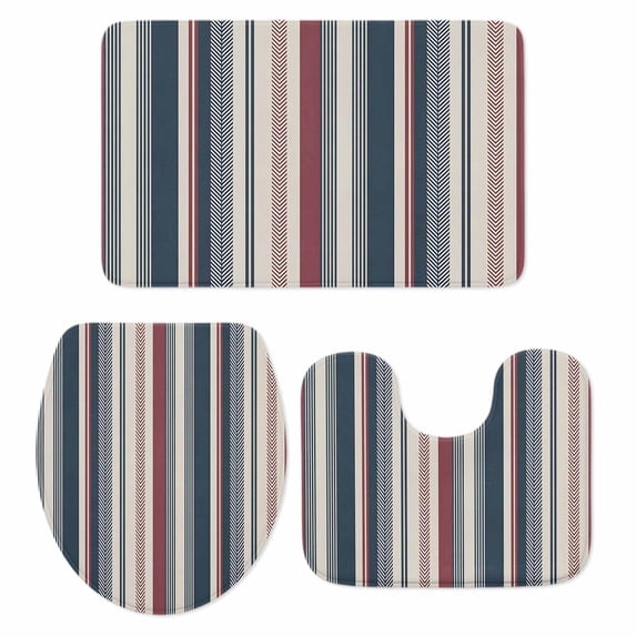 Vintage Stripes Bathroom Rugs Set Red Navy Striped Retro Geometric Lines Non Slip Absorbent Soft Bath Mats 3 Piece Set with Bathroom Rug, U-Shaped Floor Mat, Toilet Seat Cover Small Size