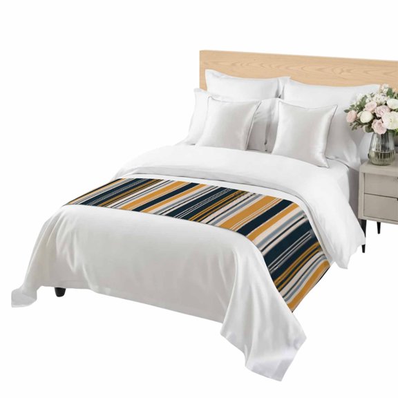 Vintage Stripes Bed Runner Queen Size Navy Yellow Gray Striped Retro Lines Soft Bed Scarf for Foot of Bed, Decorative Bedding Scarf Protection for Hotel Home Bedroom 83 x 20 Inch