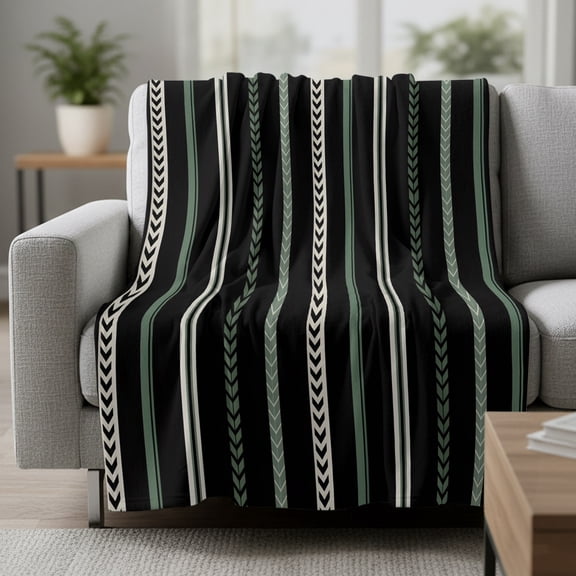 Vintage Stripes Fleece Throw Blanket Black Army Green Striped Retro Geometric Lines Ultra Soft Fuzzy Cozy Flannel Throw Blanket for Couch Sofa Bed Car Travel, Ideal Gifts 30x40 Inches
