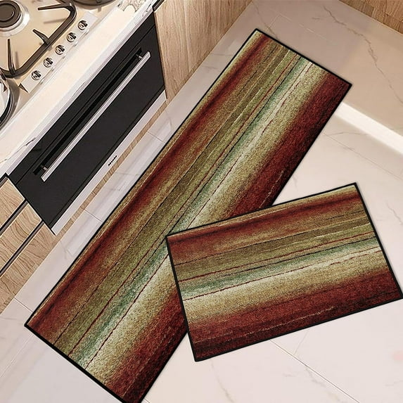 Vintage Stripes Home Kitchen Rugs and Mats Non Skid Washable Set of 2, Red Brown Green Kitchen Mats for Floor, Geometric Lines Kitchen Runner Rug, Abstract Kitchen Decor