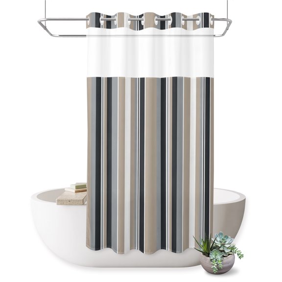 Vintage Stripes No Hook Shower Curtain Gray Brown Black Striped Retro Lines Shower Curtain with See Through Top Window, Waterproof Washable Fabric Curtain for Bathroom Hotel Decor, 36Wx72L