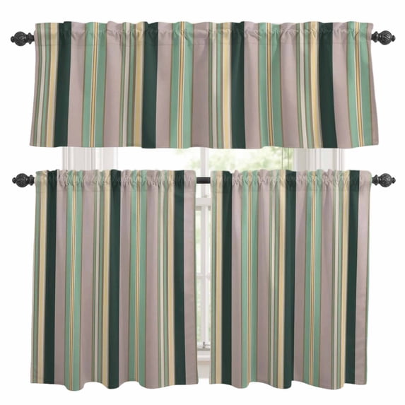 Vintage Stripes Kitchen Curtains Valances and Tiers Set of 3 Black Green Gray Striped Retro Lines Tier Curtains and Valance with Rod Pocket for Small Windows, 27.5"x24"