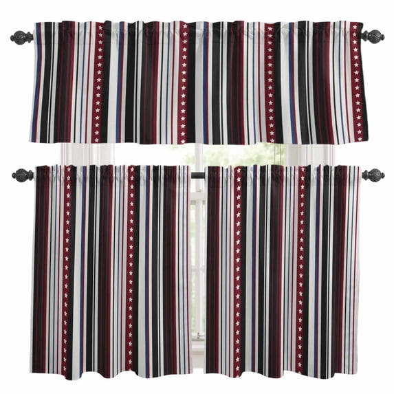 Vintage Stripes Kitchen Curtains Valances and Tiers Set of 3 Black Red Striped Retro Star Lines Tier Curtains and Valance with Rod Pocket for Small Windows, 27.5"x24"