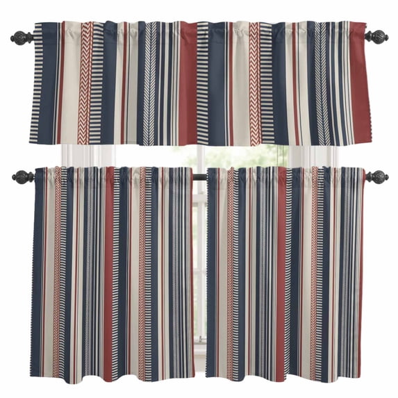 Vintage Stripes Kitchen Curtains Valances and Tiers Set of 3 Navy Red Beige Striped Retro Lines Tier Curtains and Valance with Rod Pocket for Small Windows, 27.5"x24"
