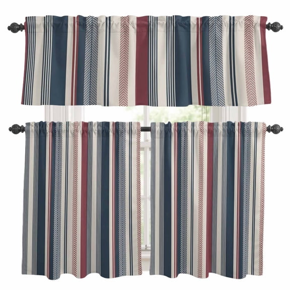 Vintage Stripes Kitchen Curtains Valances and Tiers Set of 3 Red Navy Striped Retro Geometric Lines Tier Curtains and Valance with Rod Pocket for Small Windows, 27.5"x36"