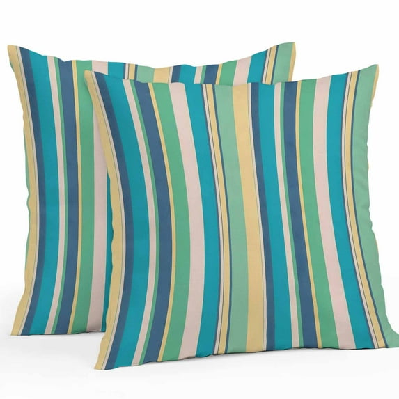 Vintage Stripes Outdoor Pillow Covers Set of 2 Green Yellow Blue Striped Retro Lines Waterproof Throw Pillow Case Decorative Square Cushion Cover for Patio Couch Garden Balcony, 24"x24"