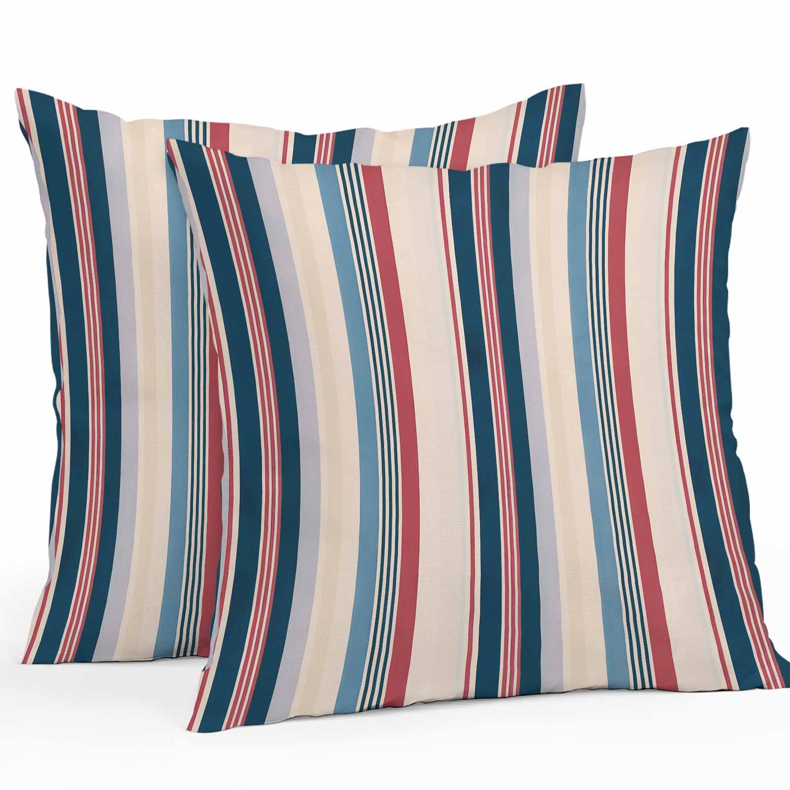 Vintage Stripes Outdoor Pillow Covers Set of 2 Navy Red Blue Striped Retro Lines Waterproof Throw Pillow Case Decorative Square Cushion Cover for Patio Couch Garden Balcony, 26"x26"