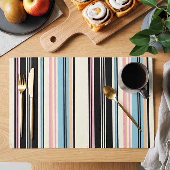 Vintage Stripes Placemats Set of 1, Black Pink Blue Striped Retro Lines Heat Insulated Linen Place Mats, Washable Stain-Proof Table Mats for Dining Tables Holiday Decor 13x19 Inches