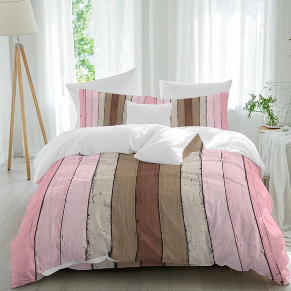 Vintage Stripes Queen Size Comforter Set, Pink Brown Wood Grain Decoration Bedding for All Seasons, 4 Pcs Bed Set, 1Quiltcover (90"x92") ,1Sheet(94"x116"), 2Pillowcases (30"x20")