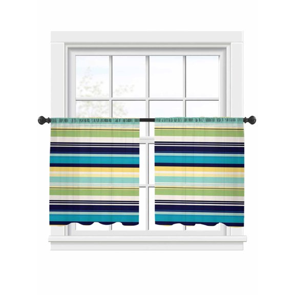 Vintage Stripes Sheer Curtains 2 Panels Set Green Blue Yellow Striped Retro Lines Sheer Window Curtains Light Filtering Rod Pocket Voile Drapes for Bedroom Living Room 52"x45"
