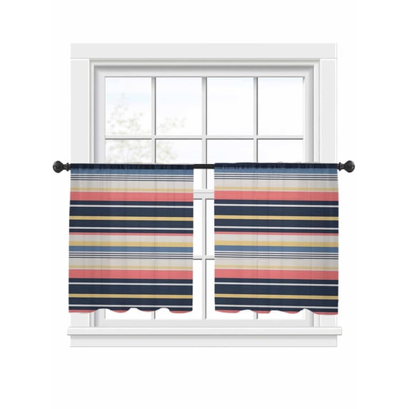 Vintage Stripes Sheer Curtains 2 Panels Set Navy Pink Yellow Striped Watercolor Sheer Window Curtains Light Filtering Rod Pocket Voile Drapes for Bedroom Living Room 52"x45"