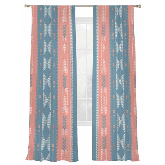 Vintage Stripes Sheer Curtains 2 Panels Set Navy Red Striped Blue Square Geometric Sheer Window Curtains Light Filtering Rod Pocket Voile Drapes for Bedroom Living Room 52"X96"