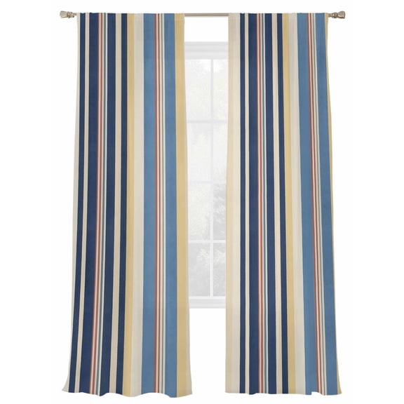 Vintage Stripes Sheer Curtains 2 Panels Set Navy Yellow Blue Striped Retro Lines Sheer Window Curtains Light Filtering Rod Pocket Voile Drapes for Bedroom Living Room 52"X96"