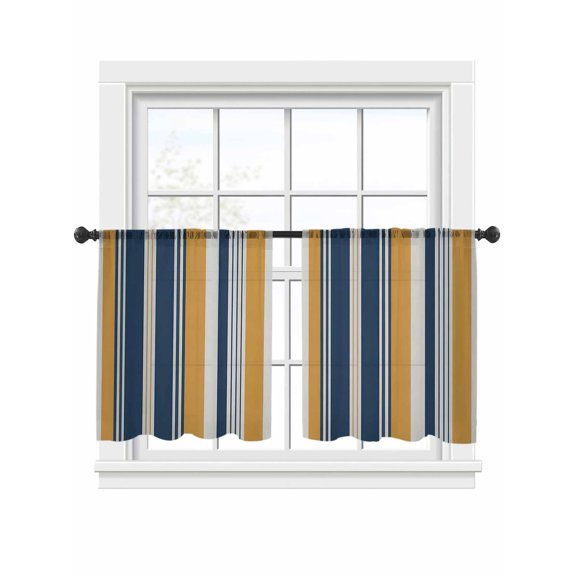 Vintage Stripes Sheer Curtains 2 Panels Set Navy Yellow Striped Abstract Lines Sheer Window Curtains Light Filtering Rod Pocket Voile Drapes for Bedroom Living Room 52"x45"