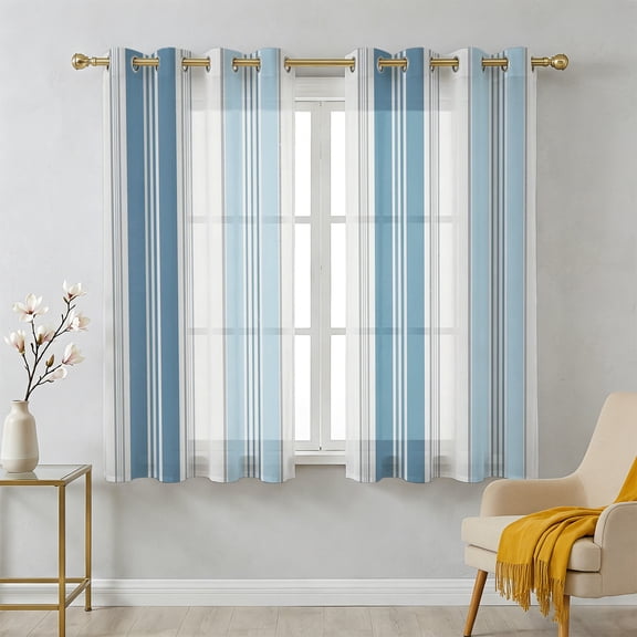 Vintage Stripes Sheer Curtains 39 Inch Long 2 Panels, Navy Light Blue Striped Retro Line Light Filtering Semi Sheer Drapes Grommet Voile Window Curtain for Living Bedroom W27.9 x L39