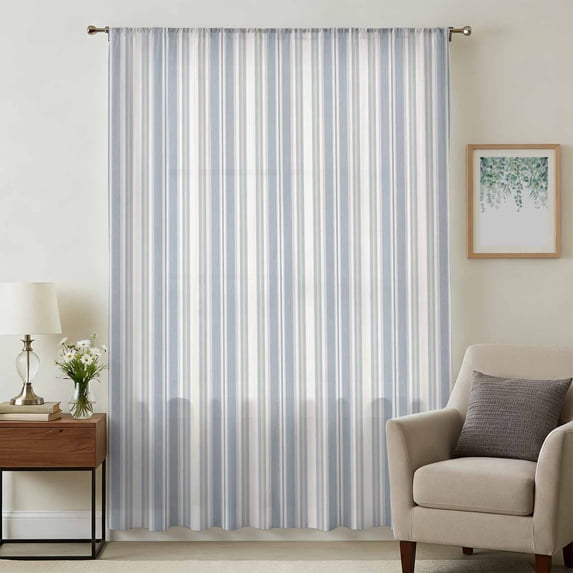 Vintage Stripes Sheer Curtains 72 Inches Long, Retro Minimalist Lines Pattern Light Blue Light Filering Curtains, Breathable Simi Curtain Privacy Drapes for Living Room Bedroom Window Treatment