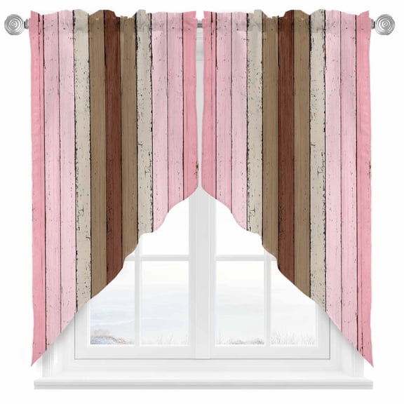 Vintage Stripes Swag Curtain Valance for Windows, Pink Brown Wood Grain Decoration Window Treatments Short Swag Topper for Kitchen Windows Bathroom Bedroom, 28"x36"