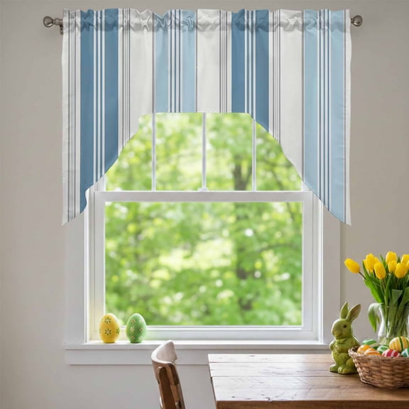 Vintage Stripes Swag Valances for Kitchen Window, Navy Light Blue Striped Retro Line Small Swag Valances Rod Pocket Curtain Drapes Window Treatment for Bedroom Bathroom, 56x36 Inch