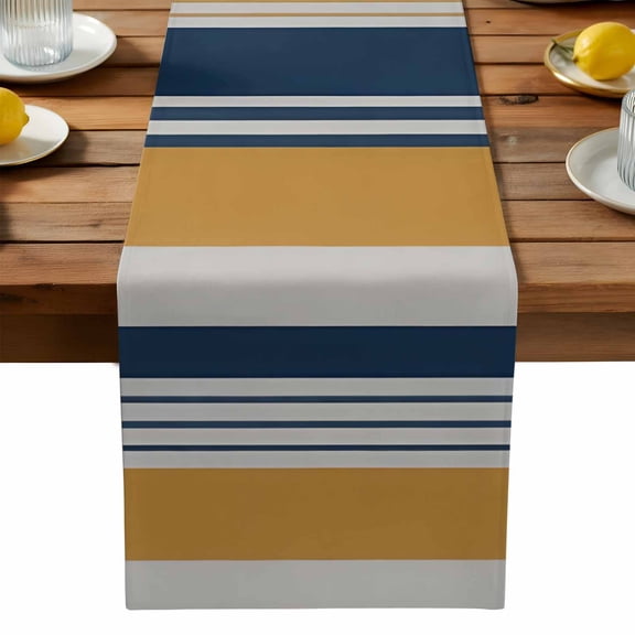 Vintage Stripes Table Runner, Navy Yellow Striped Abstract Lines Kitchen Table Runners Dress Scarves for Table Decorations Party/Restaurant/Indoor Outdoor Use, 13x36in
