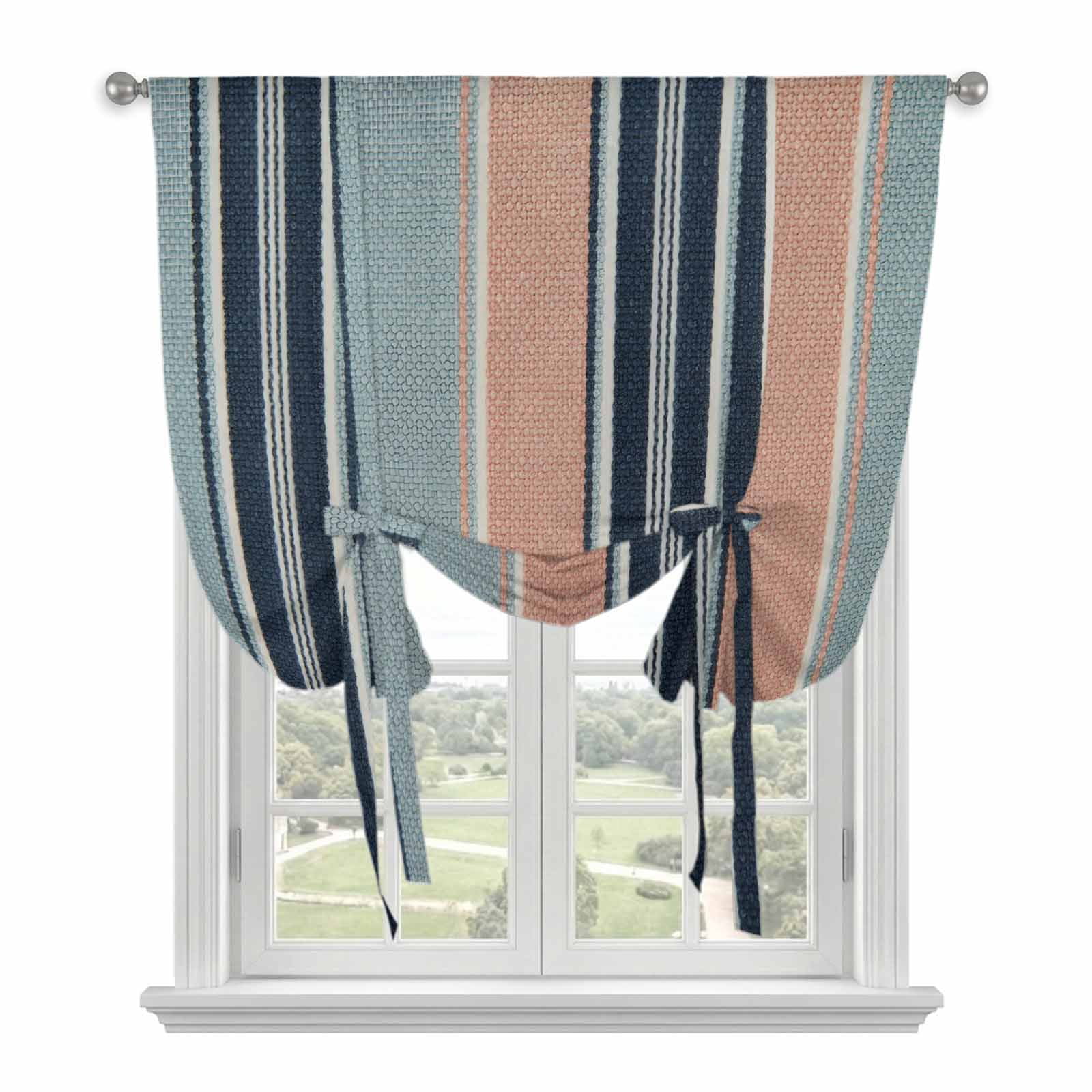 Vintage Stripes Tie Up Curtain for Window, Navy Pink Blue Striped Retro Lines Linen Adjustable Tie Up Balloon Curtain Valances Rod Pocket Window Treatment for Kitchen Bathroom Bedroom 42"x45"