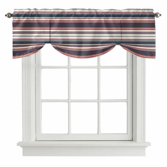 Vintage Stripes Tie Up Valance Curtains Red Black Striped Retro Geometric Lines Adjustable Light Filtering Tie Up Valance Small Window Shade for Kitchen Bedroom Cafe 42" W x 12" L