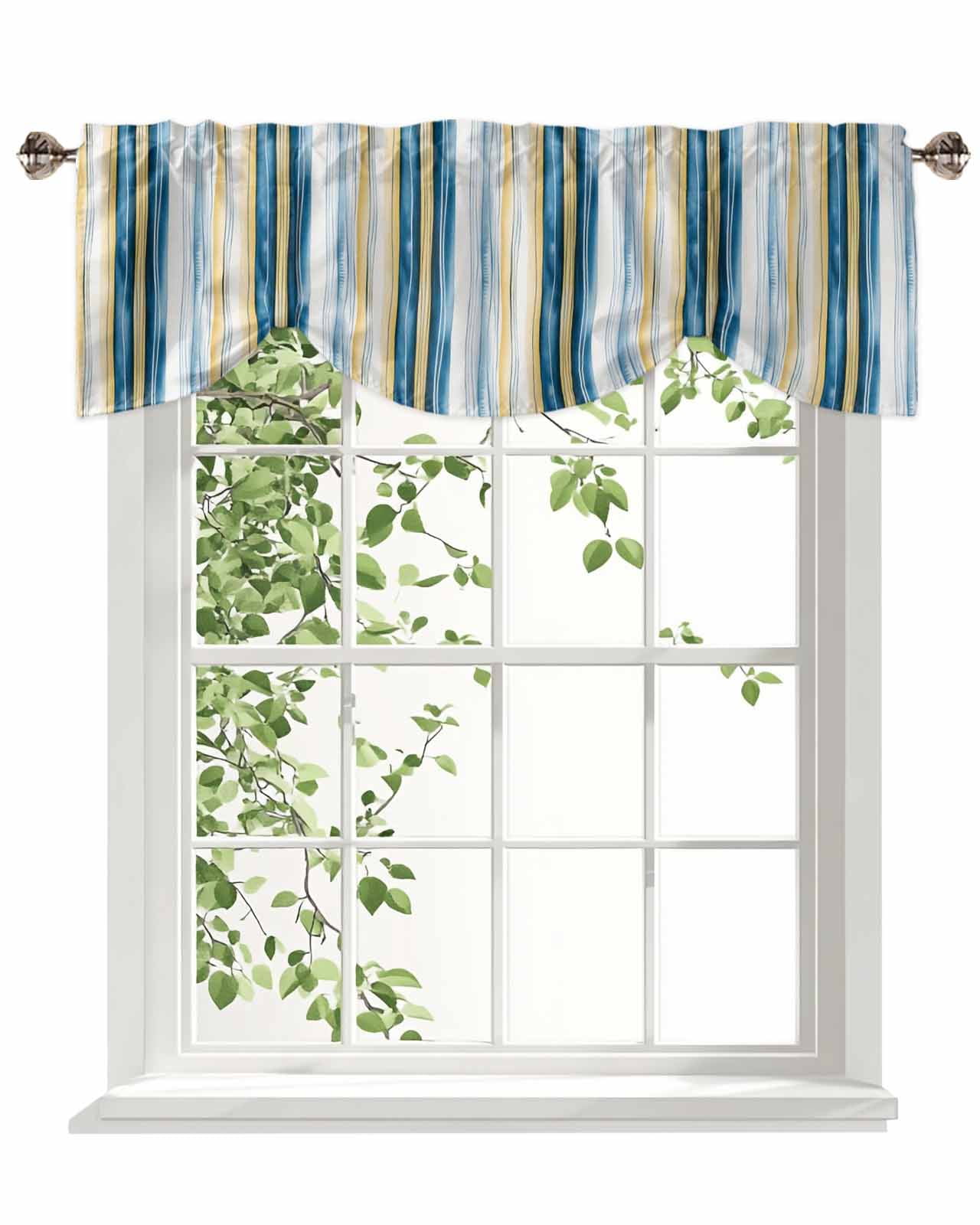 Vintage Stripes Tie Up Valances Curtain, Blue Yellow Striped Abstract Lines Gradient Kitchen Valances for Windows Decor, Rod Pocket Short Curtains Set for Bedroom/Bathroom, 54"x18"