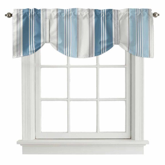 Vintage Stripes Tie Up Valances Curtain, Navy Light Blue Striped Retro Line Adjustable Valance for Window Light Filtering for Kitchen and Bathroom Rod Pocket 1 Panel 42x12in
