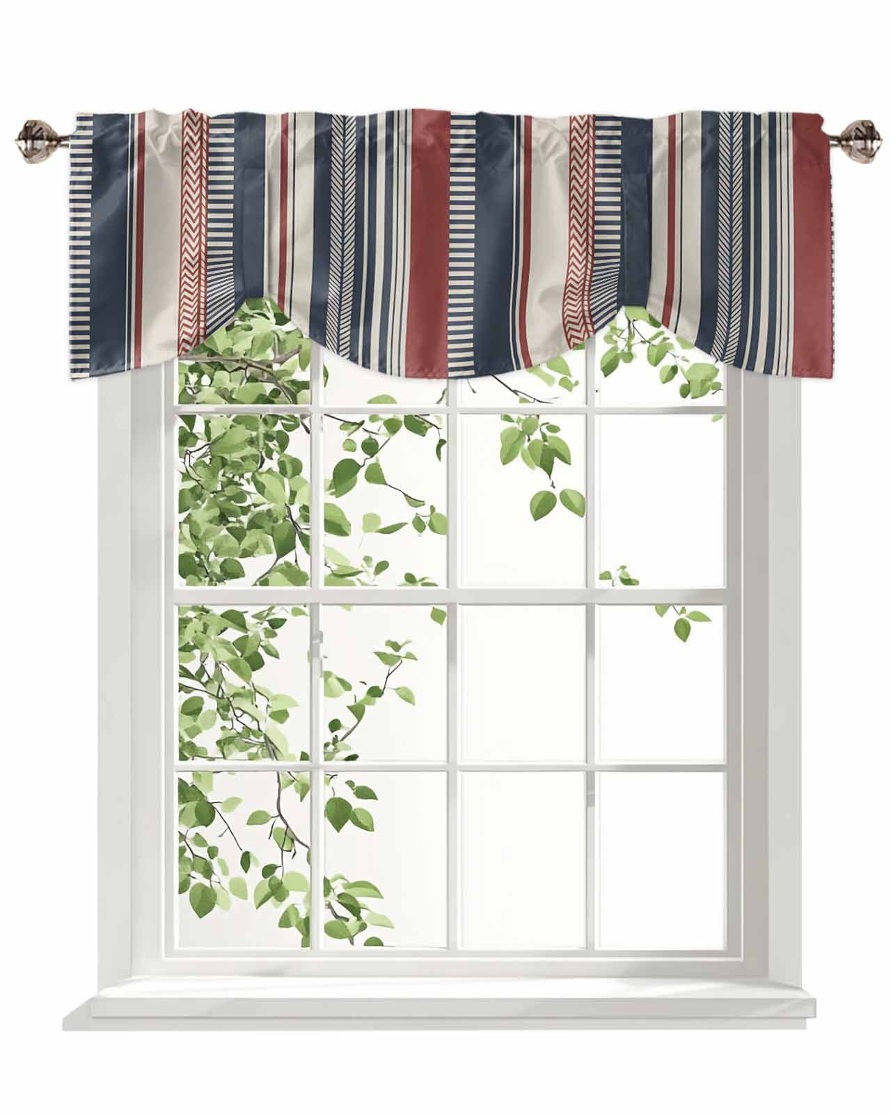 Vintage Stripes Tie Up Valances Curtain, Navy Red Beige Striped Retro Lines Kitchen Valances for Windows Decor, Rod Pocket Short Curtains Set for Bedroom/Bathroom, 60"x18"