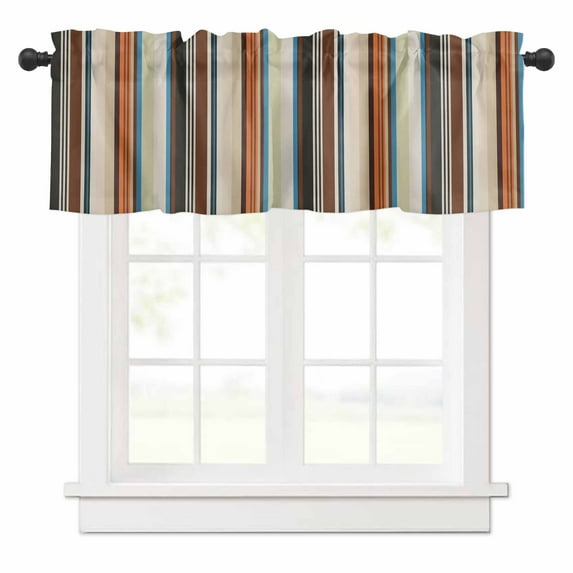 Vintage Stripes Valances for Windows Brown Orange Blue Striped Retro Lines Rod Pocket Curtain Valance Window Treatment Short Curtains for Kitchen Living Room, 42"x12"