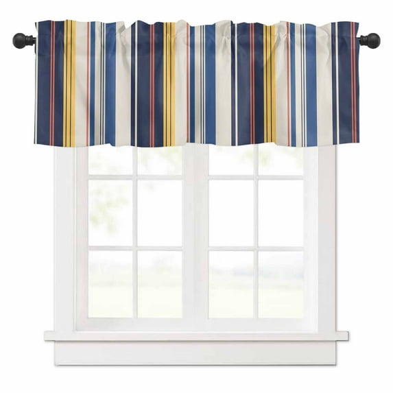 Vintage Stripes Valances for Windows Navy Yellow Blue Striped Retro Line Rod Pocket Curtain Valance Window Treatment Short Curtains for Kitchen Living Room, 58"x16"