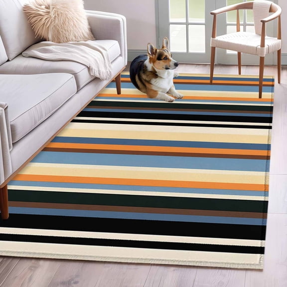 Vintage Stripes Washable Area Rugs 3'x5', Black Orange Blue Striped Retro Lines Low Pile Throw Living Room Rug Non-Slip Sturdy Edge Binding Carpet for Indoor Entryway Bedside Kitchen