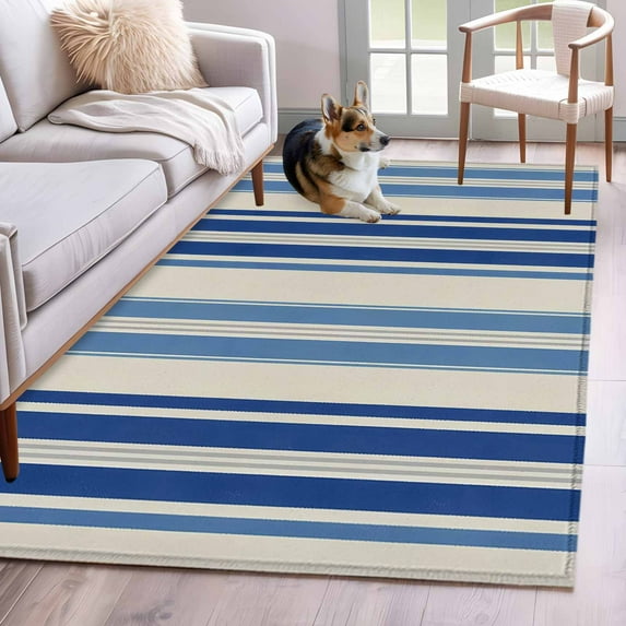 Vintage Stripes Washable Area Rugs 3'x5', Navy Blue Beige Striped Retro Lines Low Pile Throw Living Room Rug Non-Slip Sturdy Edge Binding Carpet for Indoor Entryway Bedside Kitchen