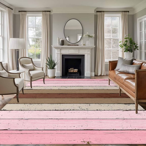 Vintage Stripes Washable Living Room Rugs 6'x9', Pink Brown Wood Grain Decoration Low Pile Throw Large Area Rug Non-Slip Sturdy Edge Binding Carpet for Dining Room Kitchen Office