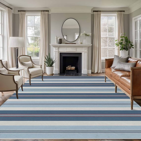 Vintage Stripes Washable Living Room Rugs 8'x10', Blue Navy Striped Abstract Red Lines Low Pile Throw Large Area Rug Non-Slip Sturdy Edge Binding Carpet for Bedroom Dining Room Office