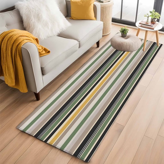Vintage Stripes Washable Runner Rugs 2'x6', Gray Green Yellow Striped Retro Lines Low Pile Throw Entryway Rug Non-Slip Sturdy Edge Binding Carpet for Indoor Bedside Entrance Bedside