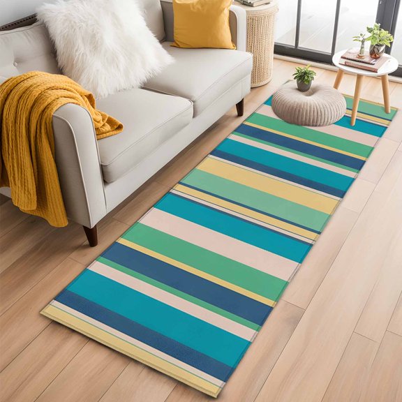 Vintage Stripes Washable Runner Rugs 2'x6', Green Yellow Blue Striped Retro Lines Low Pile Throw Entryway Rug Non-Slip Sturdy Edge Binding Carpet for Indoor Bedside Entrance Bedside