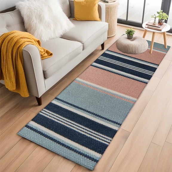 Vintage Stripes Washable Runner Rugs 2'x6', Navy Pink Blue Striped Retro Lines Linen Low Pile Throw Entryway Rug Non-Slip Sturdy Edge Binding Carpet for Indoor Bedside Entrance Bedside
