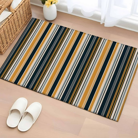Vintage Stripes Washable Small Entryway Area Rugs 2'x3', Navy Yellow Gray Striped Retro Lines Low Pile Throw Rug Non-Slip Sturdy Edge Binding Carpet for Front Door Floor Room Entry