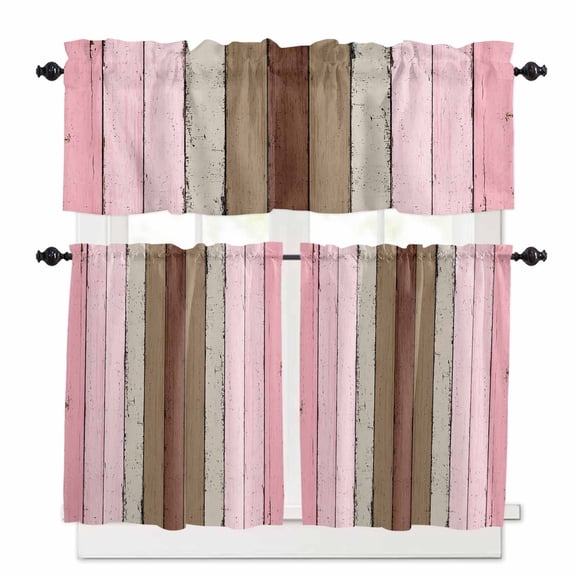 Vintage Stripes Window Curtains Valance Set of 3 Pink Brown Wood Grain Decoration Rod Pocket Small Kitchen Curtain, Soft Window Treatment for Bedroom Party Holiday Decor