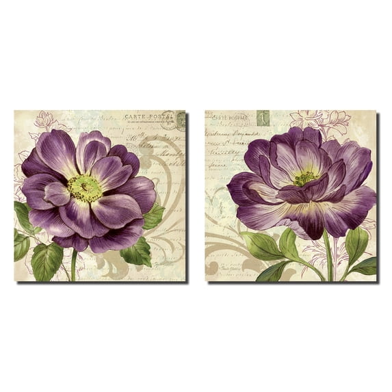 Vintage Study in Purple; Two Beautiful Postcard Style Floral Roses; Two 12x12in MDF Mounted Prints; Ready to hang!