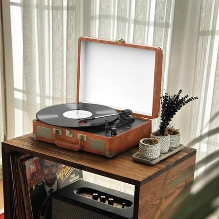 Vintage Style 3-Speed Suitcase Vinyl Record Player with Bluetooth, 2 Built-in Stereo Speakers, Belt-Driven Turntable and RCA/AUX Support for Smooth Playback