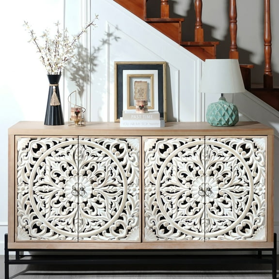 Vintage Style 4-door Wood Cabinet With Metal Base - Material For Living Room, Bathroom, Entryway, Kitchen & Carvings Ample Room Entryway Storage