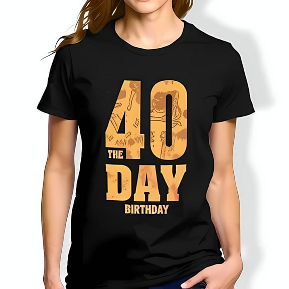 Vintage Style 40th Birthday T-Shirt - Orange-Gold Graphic with 'THE DAY' and 'BIRTHDAY' Text - Comfortable Cotton Short Sleeve Crew Neck Tee