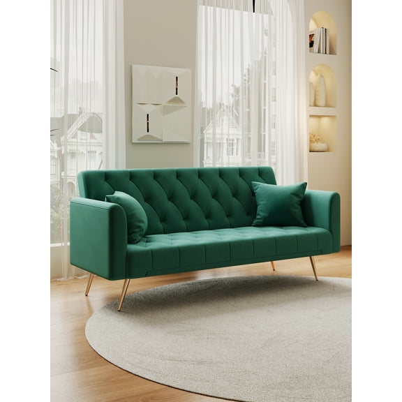 Vintage Style 71 Inch Convertible Sofa Bed Loveseat - Vintage Beige Velvet Upholstery, Multi-Function Sleeper for Living Room/Office/Bedroom (Green)