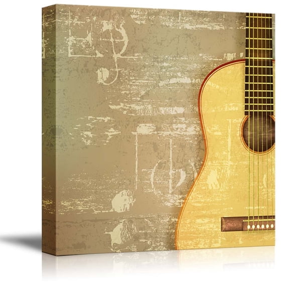 Vintage Style Abstract Green Sound Grunge Background with Acoustic Guitar - Canvas Art Wall Art - 12" x 12"